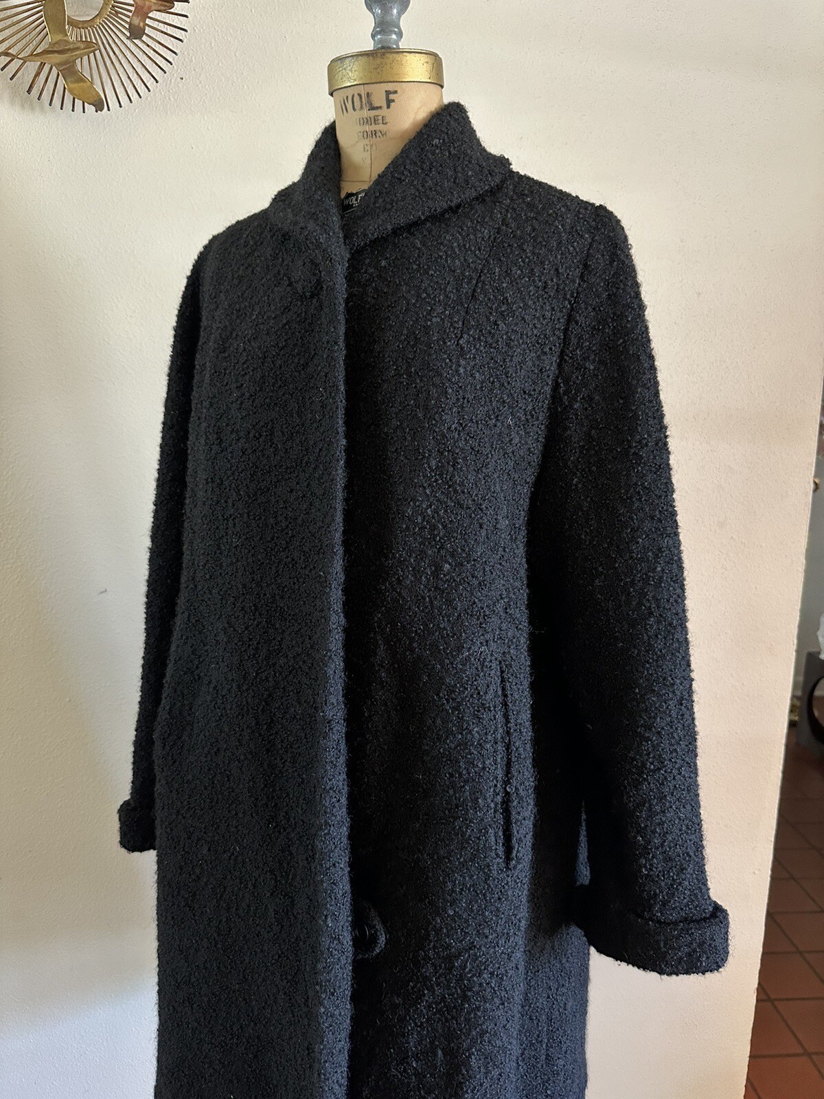 1940s Boucle Wool Swing Coat Holiday Shawl Collar Jacket Rhinestone Cuff 50s VTG