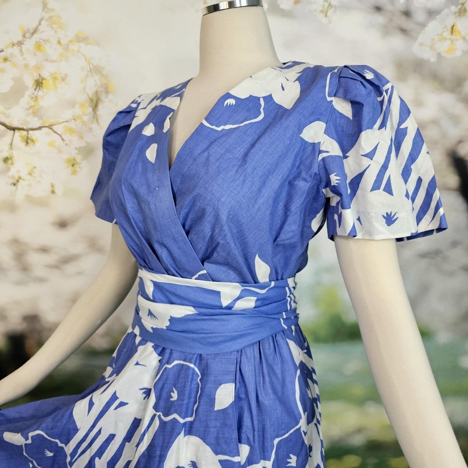 Vintage Faux Wrap Style Dress Sky Blue White Floral Print Fluttery Sleeves Gown