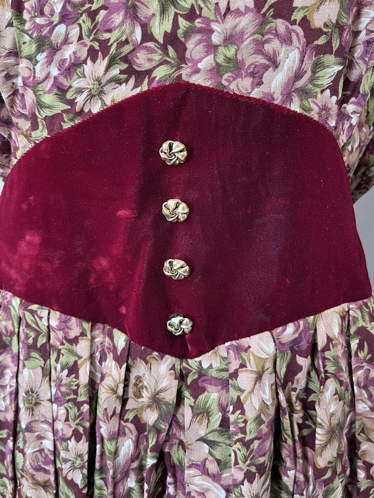 Vtg 80s Floral Dress Secretary Holiday Cinch Waist Miss Dorby Velvet Cottage 16