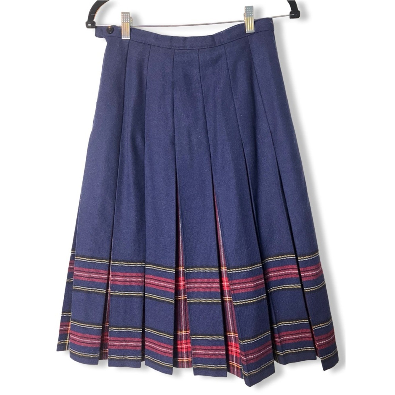 Vtg Tan-Jay Navy Wool Blend Pleated Midi Skirt Tartan Plaid Hem Border Sz 10