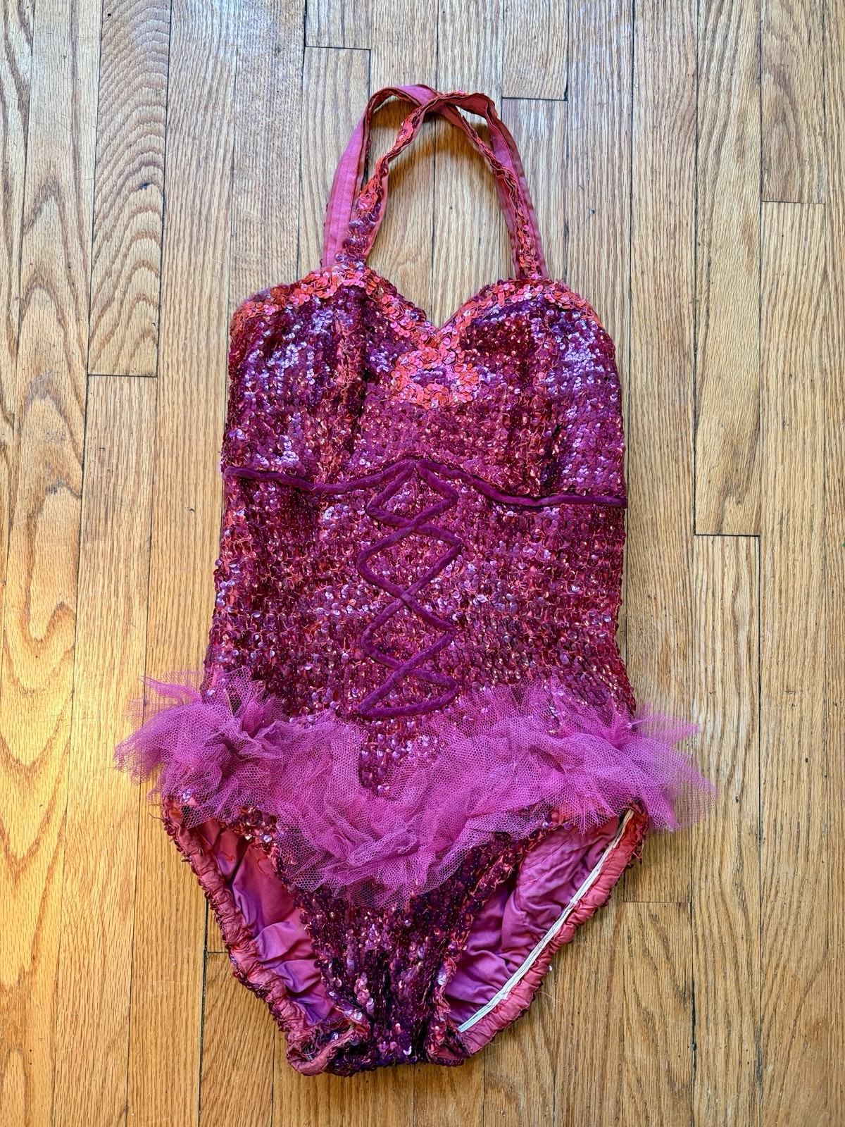 1930’s Pink Sequin Showgirl Burlesque Bodysuit W/ Tulle