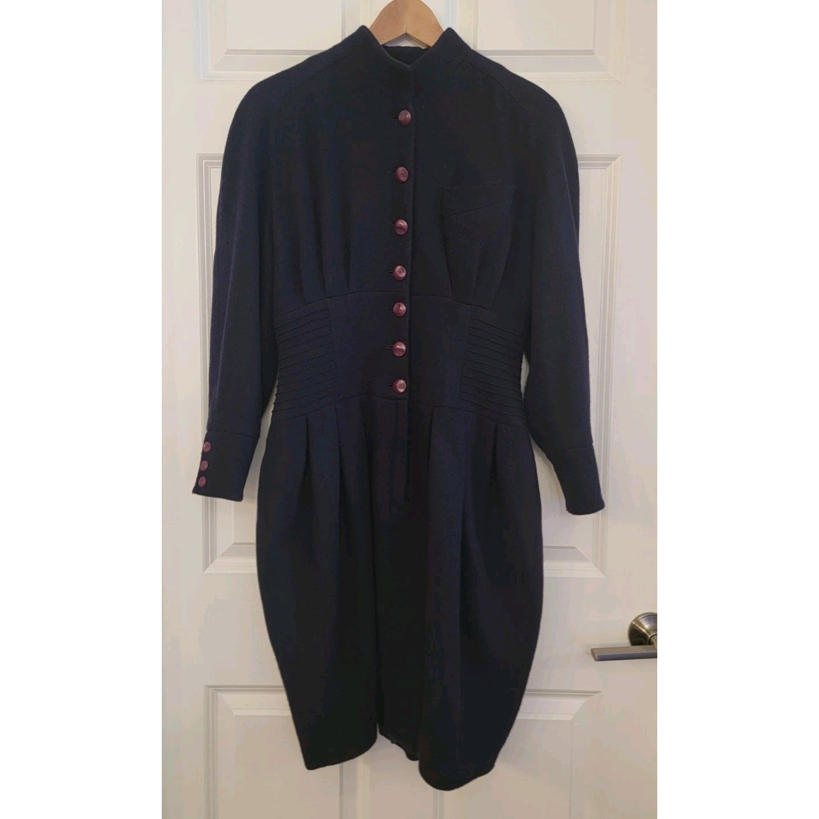 Savanna Vintage 80s Wool Dress S Navy Blue 1940s Style Pencil Wiggle Midi Korean