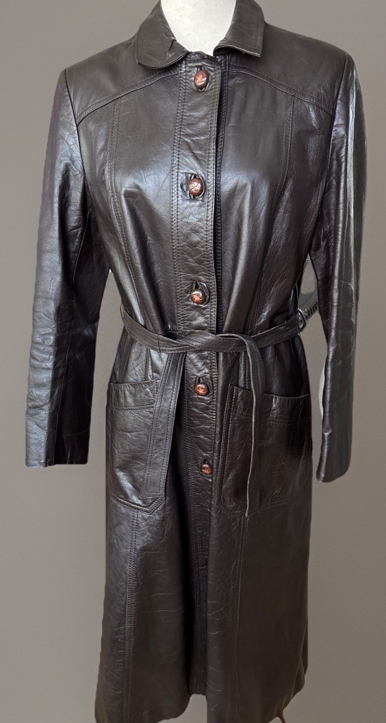 VTG Retro Dark Brown Midi Leather Trench Coat Belted Lined Thin Shoulder Pads 40
