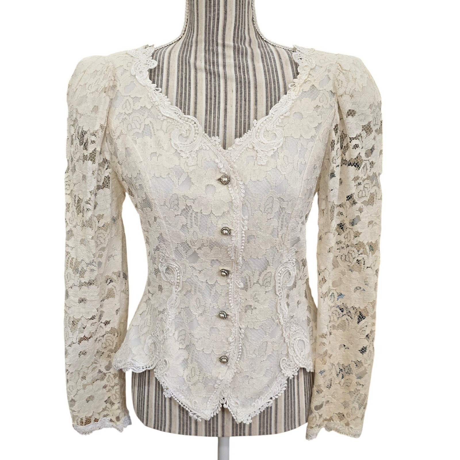 Cachet Ivory Lace Puff Sleeve Corset Top Button Up Romantic USA Pearl Buttons Sm