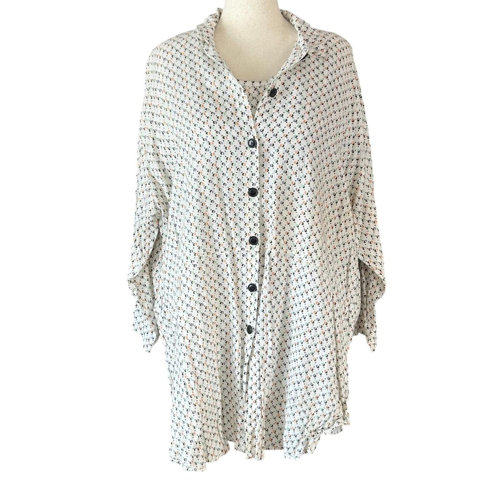 FLAX 2 Piece Shirt & Tank Set Women Large Cream Dot Linen Lagenlook Coastal Art