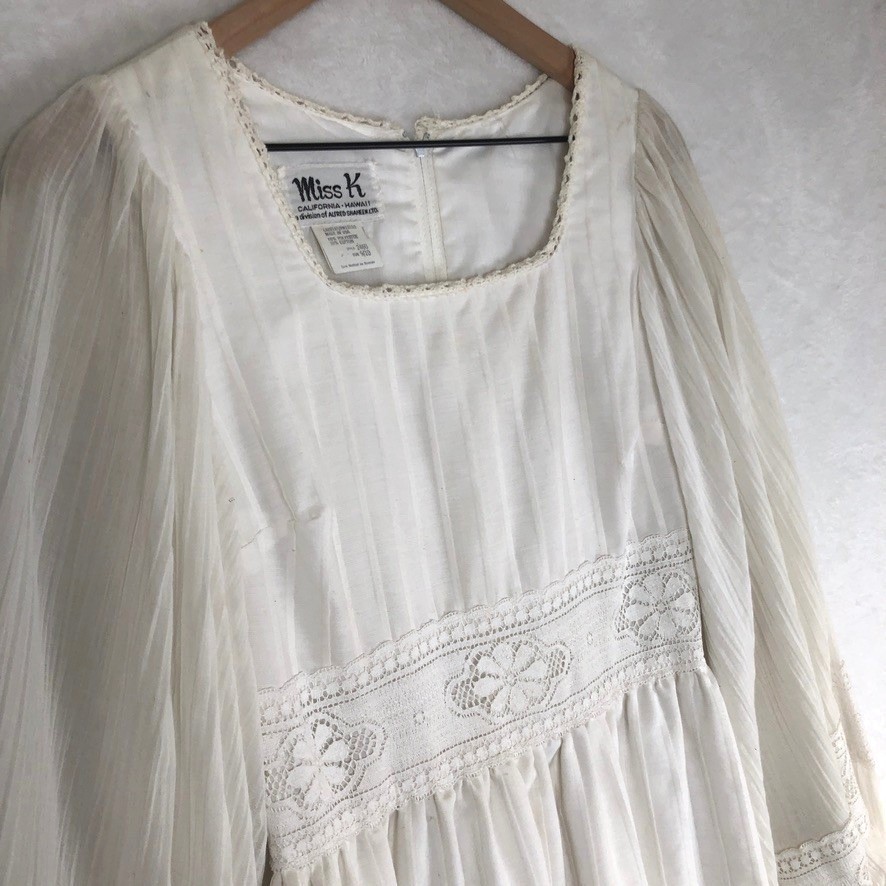 VTG MISS K Alfred Shaheen Lace Maxi Dress Bishop Sleeve Sz 9/10 White Wedding US