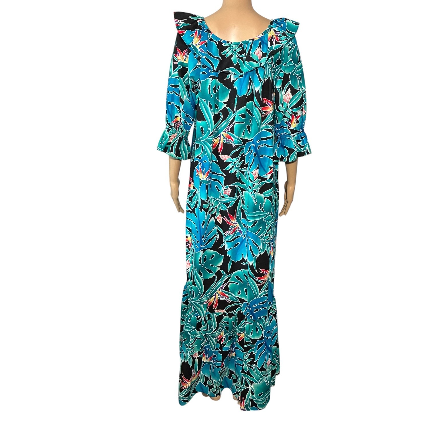 Vintage Hilo Hattie Maxi Full Length Dress M 100% Cotton Hawaiian Ruffle Flowy