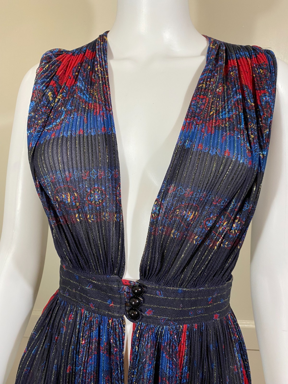 Stunning Vintage 1970s Sheer Metallic Paisley Plunging V Midi Dress Tunic, Small