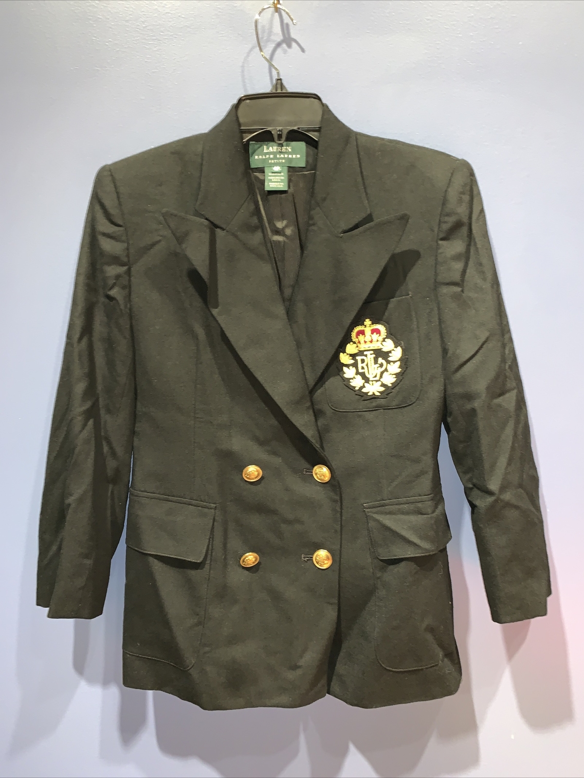 Womens 4P Wool Blazer, Black, Lauren Ralph Lauren Logo Royal Crown USA