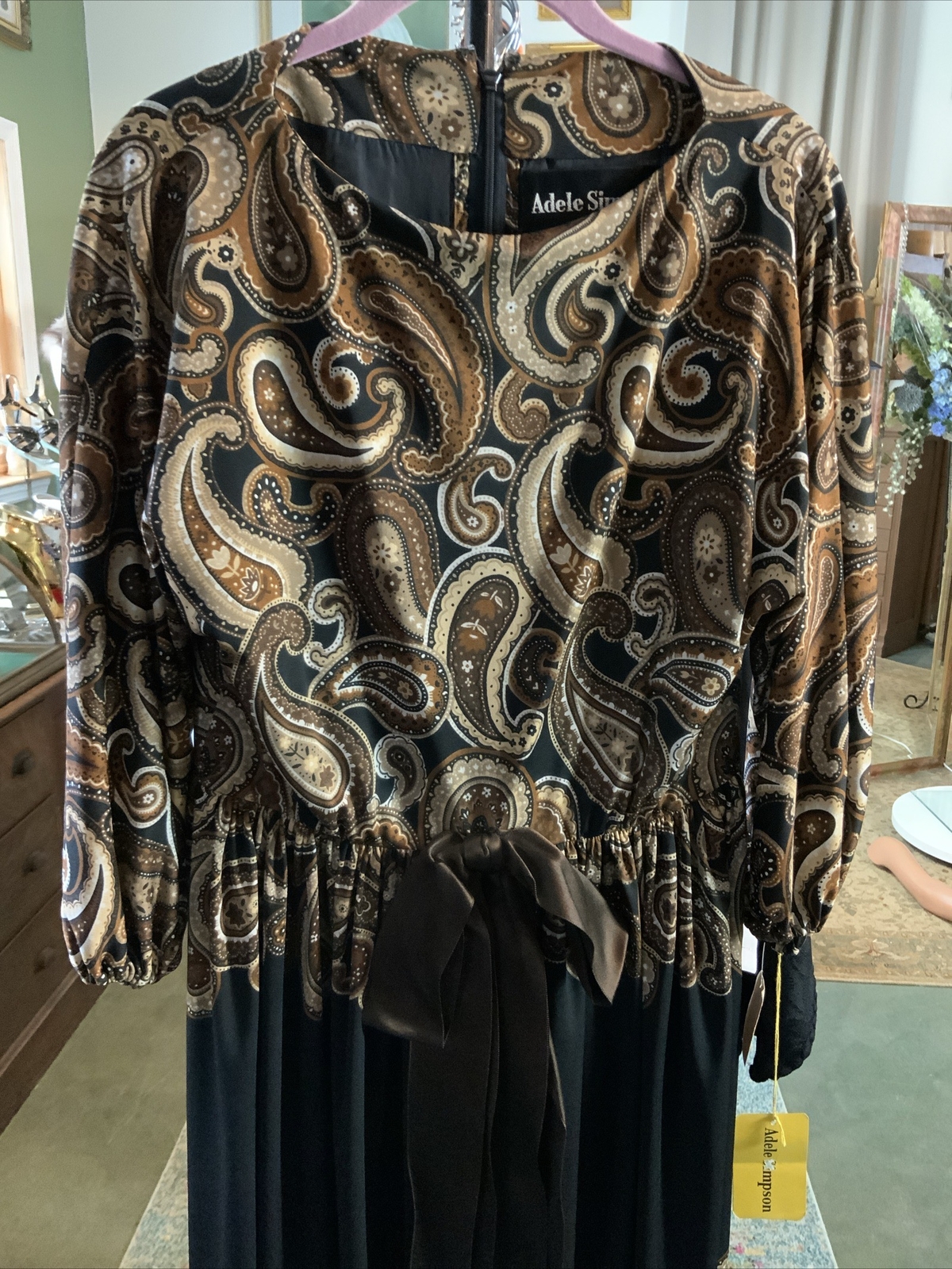 BNOS 1970s ADELE SIMPSON Brown Black Paisley Maxi Full Length Gown Sz 12 Bust 38