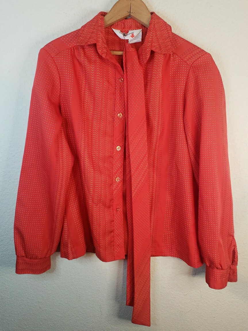 VTG 60S 70s Lady Arrow Button Up SIZE 10 L/S Red Polka dot Polyester PSYCHEDELIC