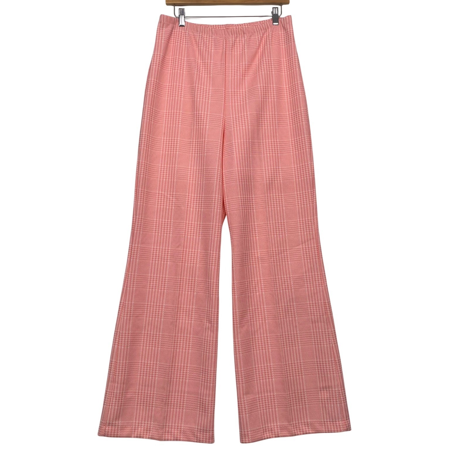 Beeline Fashions Women Pants 16 Pink Glen Plaid Vintage High Waist Wide Leg 70s