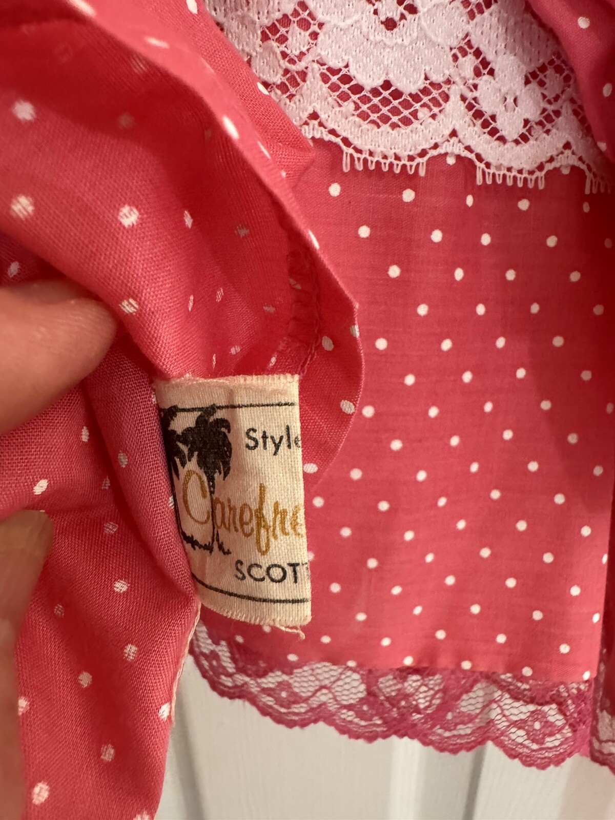 Vtg 70s Pink Polkadot Blouse & Skirt Little House Creations Carefree Creations