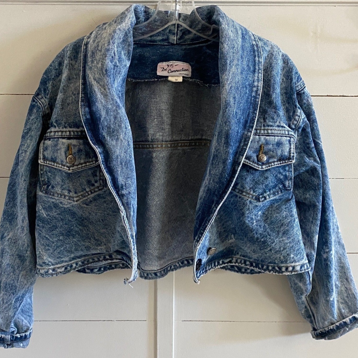 Vintage De Connection Acid Wash Cropped Denim Jacket Blue Womens Medium Made USA