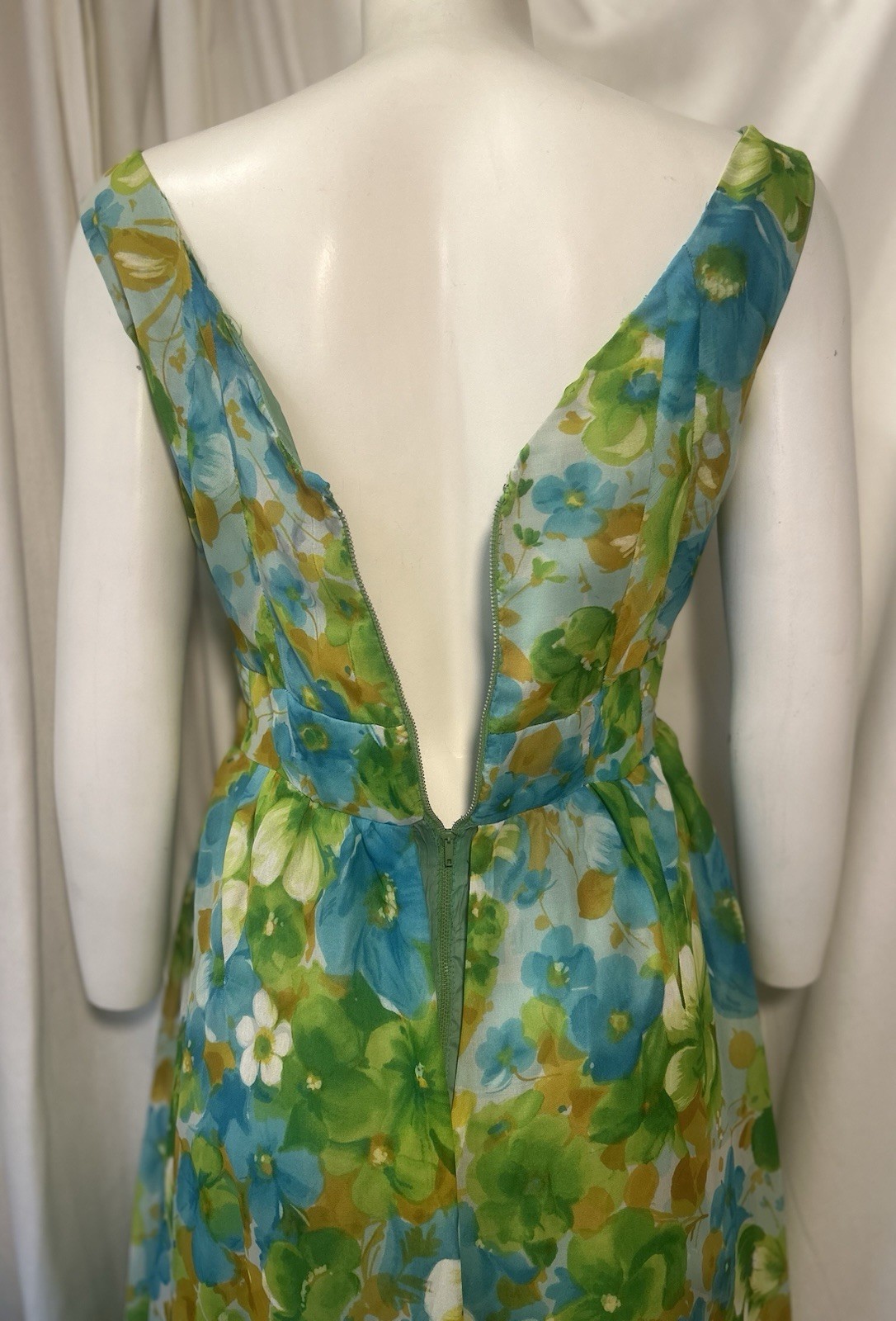 Vtg 60s 70s Goddess Hostess Fairy Floral Watercolor Gauzy Chiffon Maxi Dress