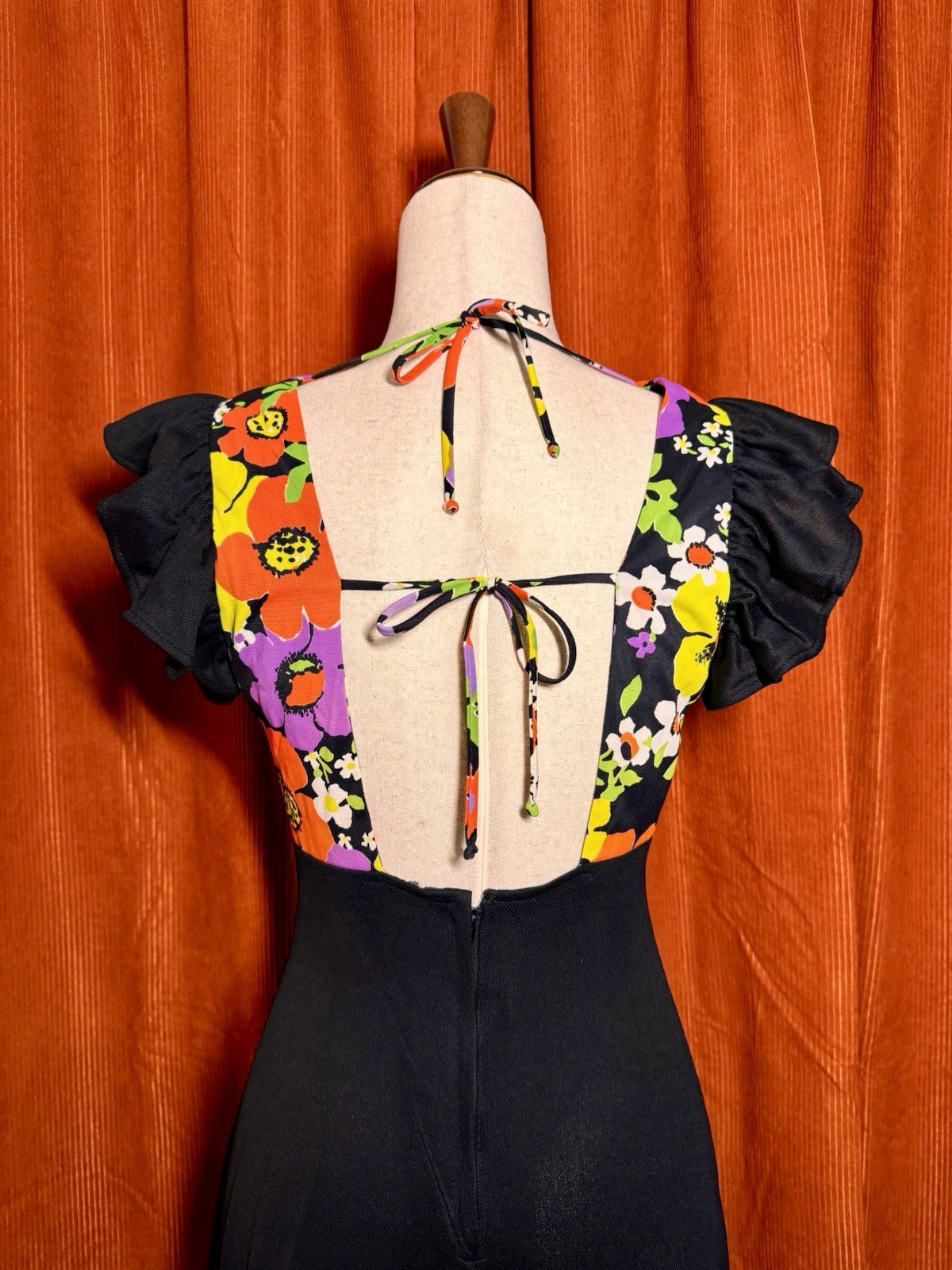 Vintage Handmade 70s Style Floral Maxi Dress Black Open Back Ruffle Sleeve S/M