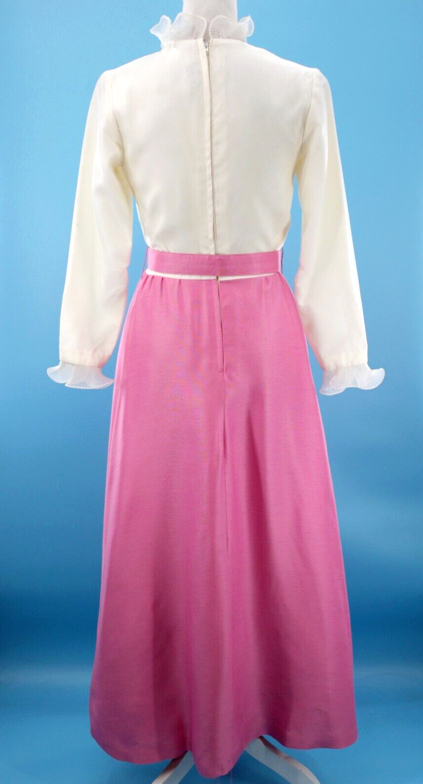 Vtg Women’s 60s 2 Pc Pink & White Ruffle Front Maxi Dress W/ Jacket XS/S 1960s