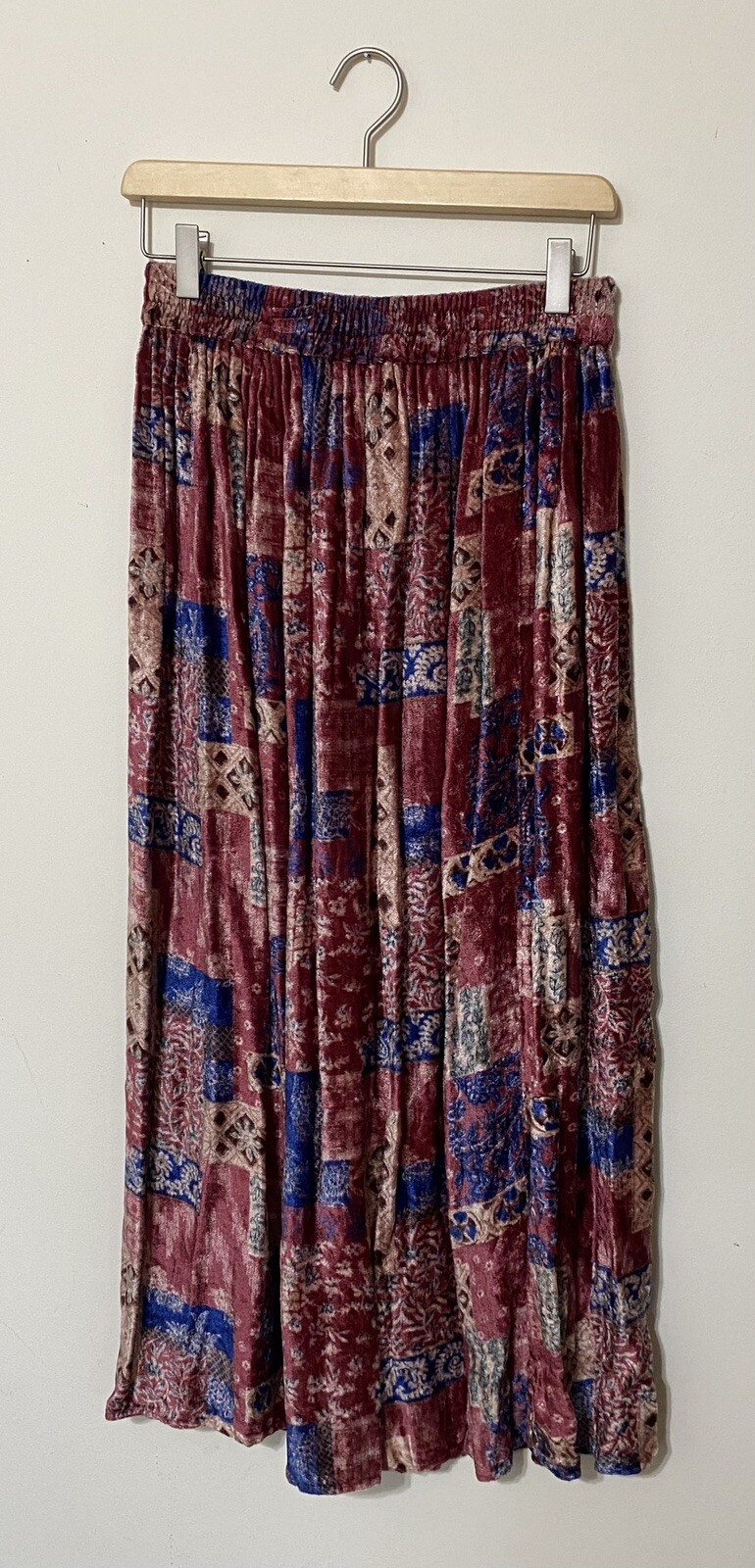 Vintage 90s Y2K Velour Hippy Skirt Pinks & Blue Maxi Boho OSFA Stretchy Waist