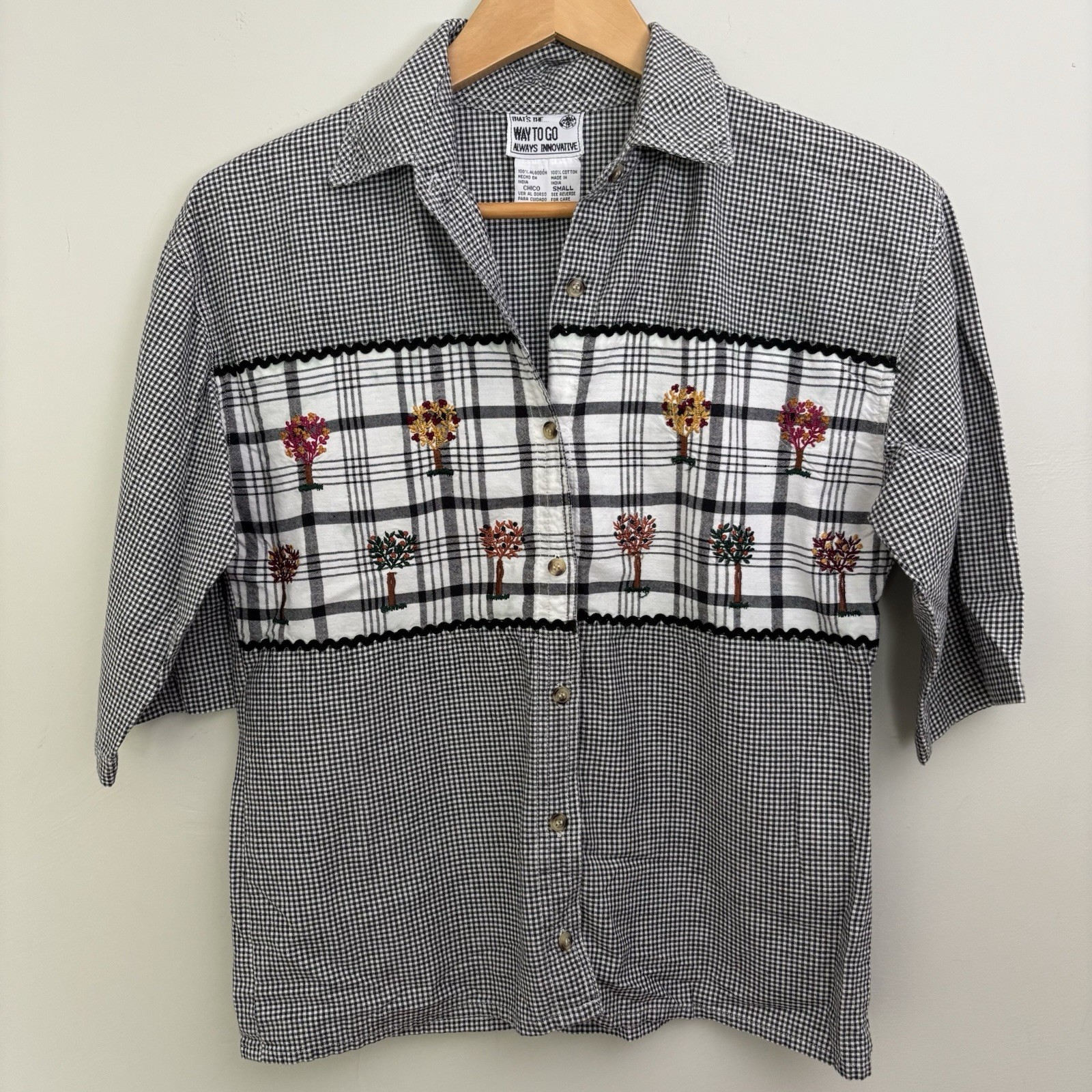 VTG 90s That’s The Way To Go Long Sleeve Gingham Embroidered Trees Shirt-S-Fall