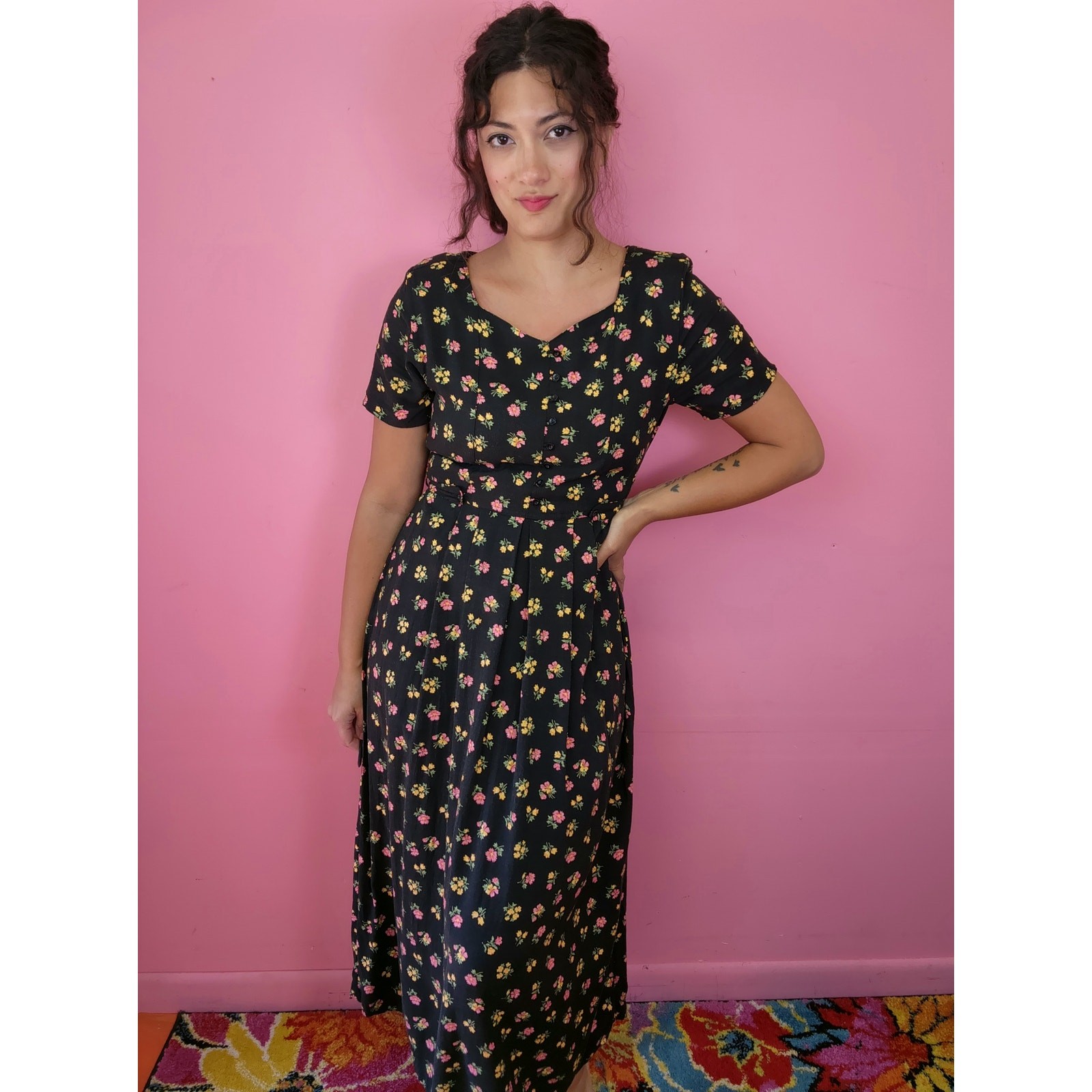 Vintage 1990’s Black Floral Rayon Tea Length Dress with Tie Waist Short Sleeves
