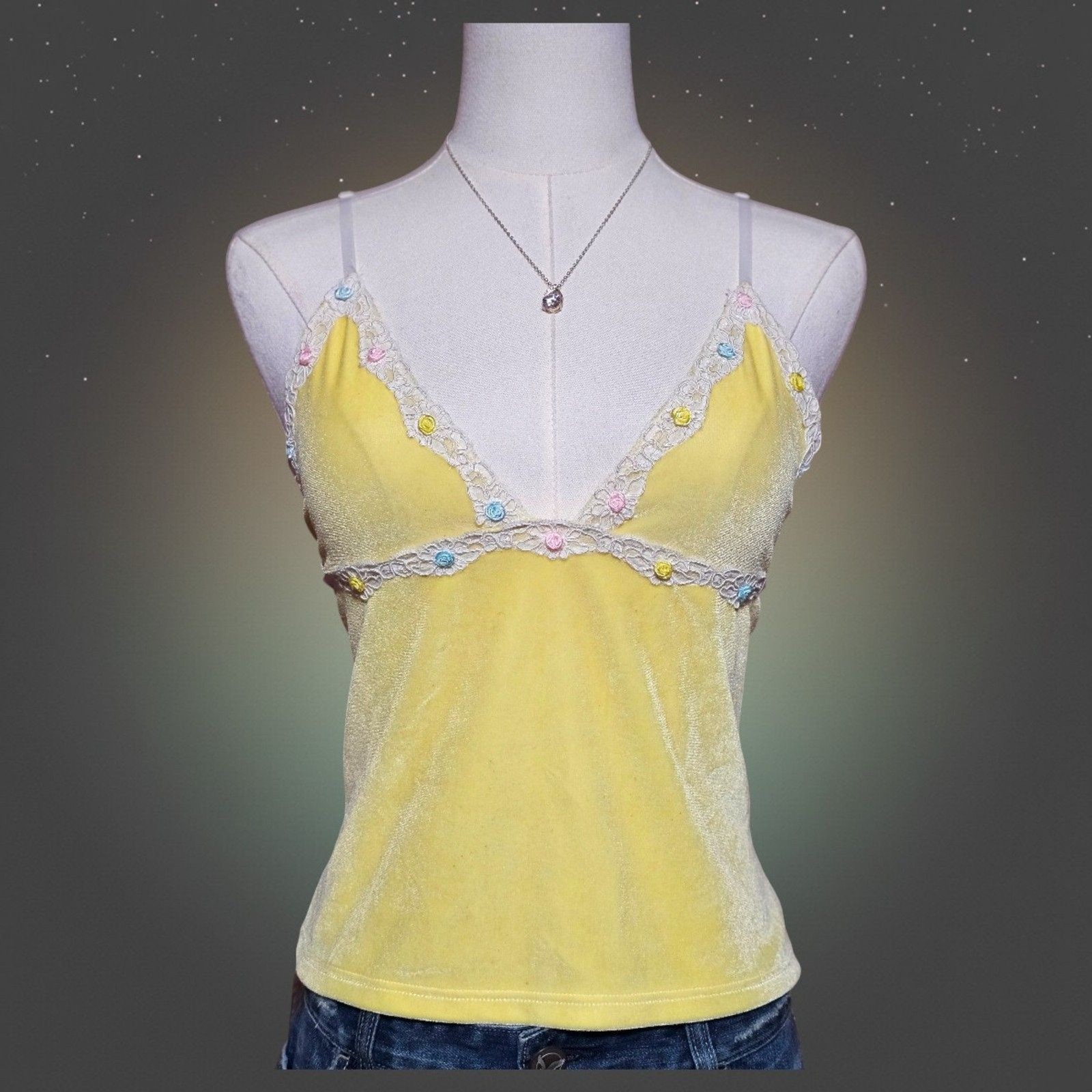 Vintage Yellow Velour Lace Floral Rosette Cami Tank Top Y2K Made in USA Small