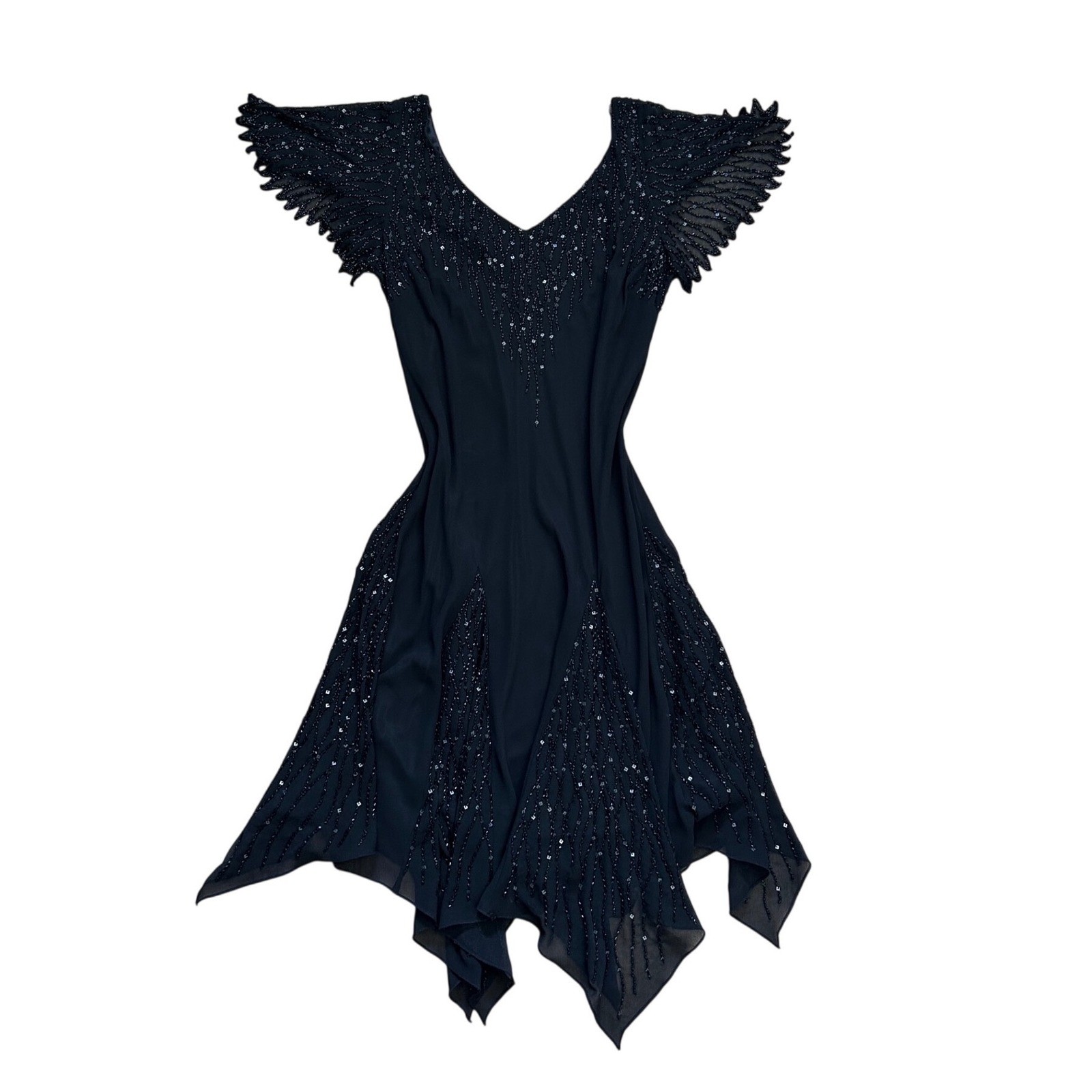 Vtg Black Beaded Handkerchief Hem Dress 16 Whimsigoth Fairycore Dark romantic