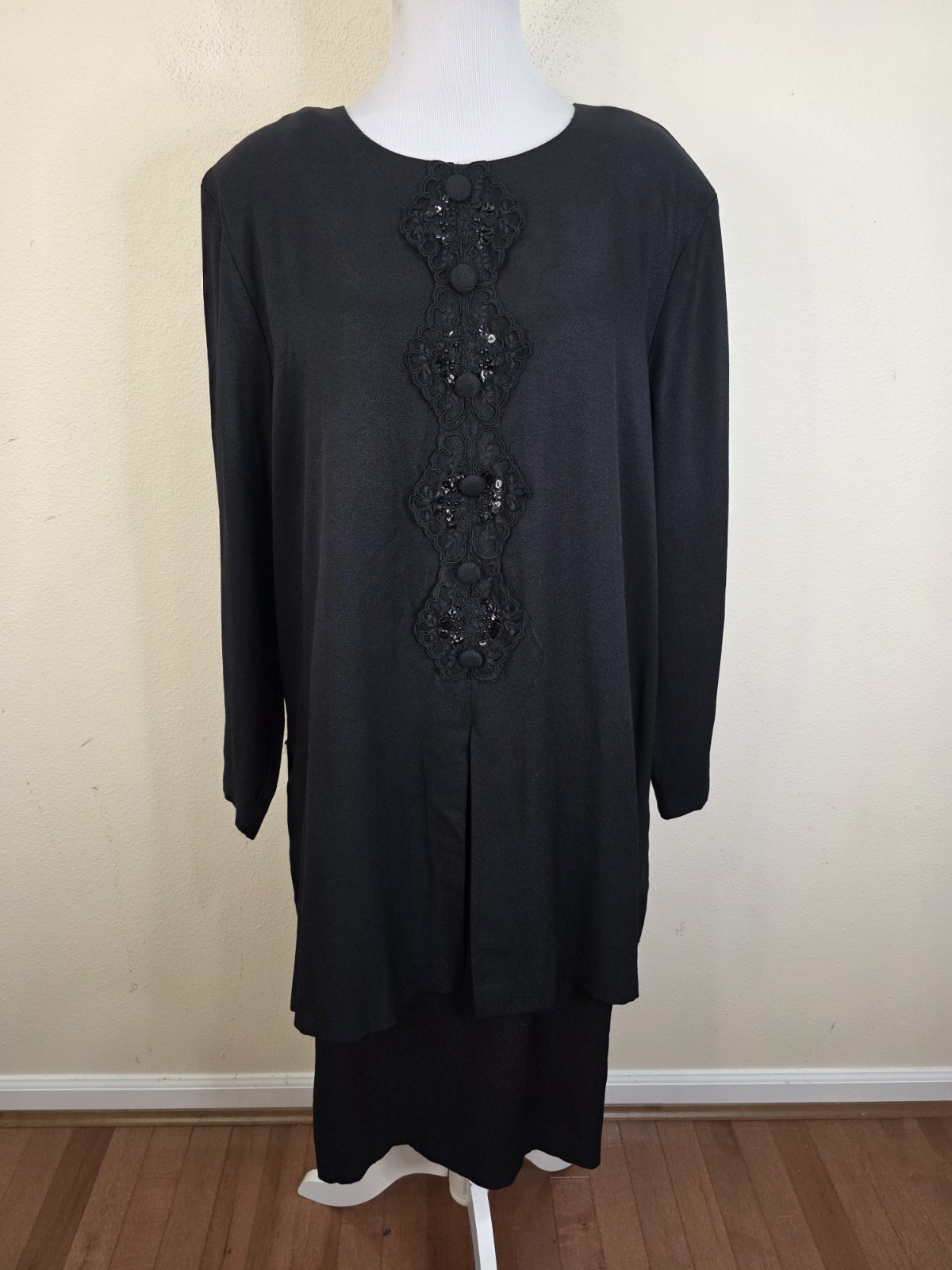 Vintage Positive Attitude Black Long Sleeve Layered Shift Dress Sequin Size 18