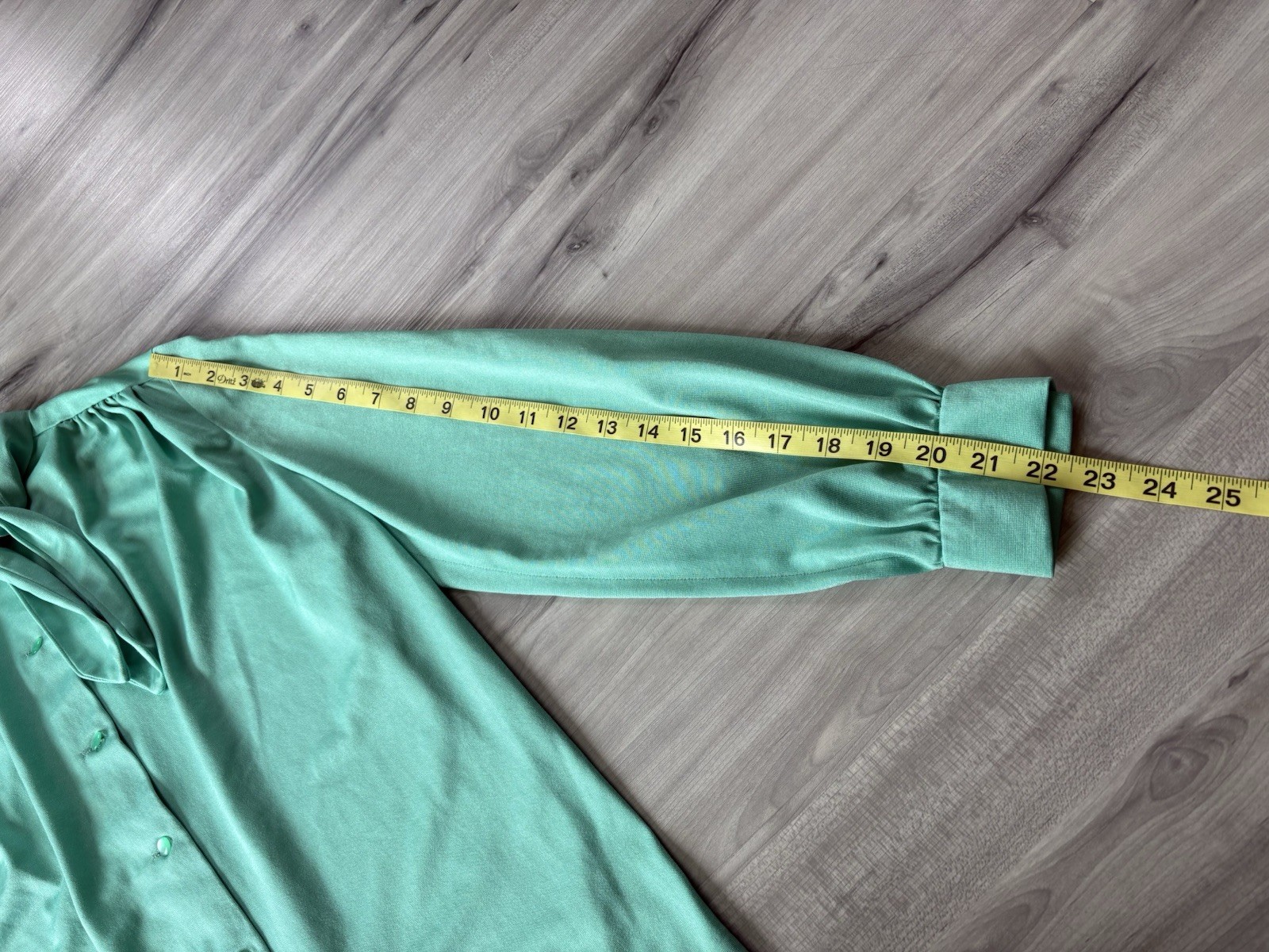 Vintage Handmade Pussy Bow Blouse Button Front Long Sleeve Aqua Green Size M