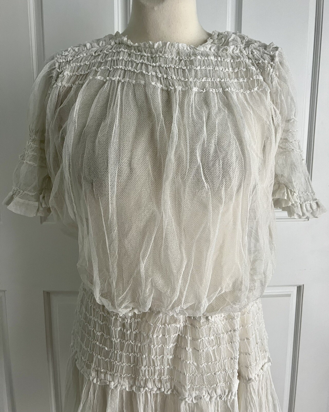 Vintage 1920s White Mesh Tulle Smocked Drop Waist Tunic Style Dress