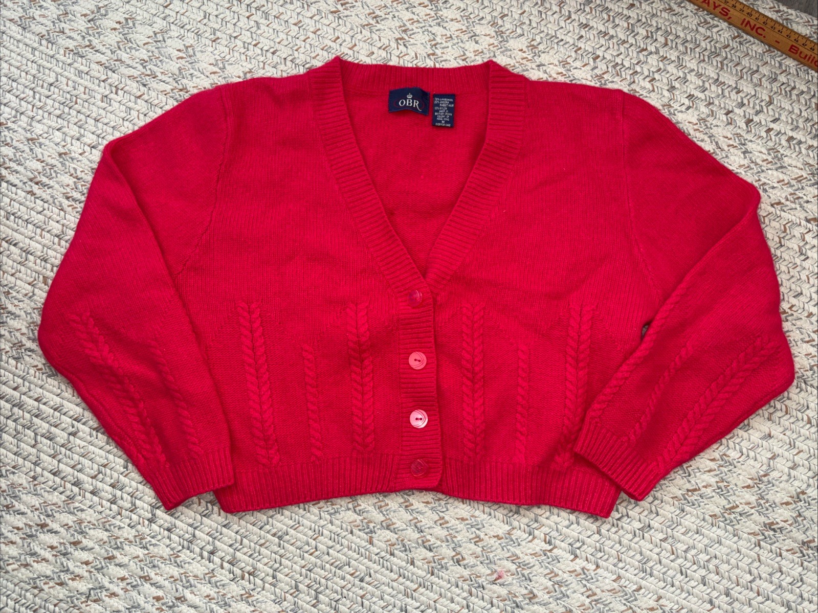 OBR vtg 90’s lambswool angora blend Boxy cropped Pink cardigan Sz Medium V-neck