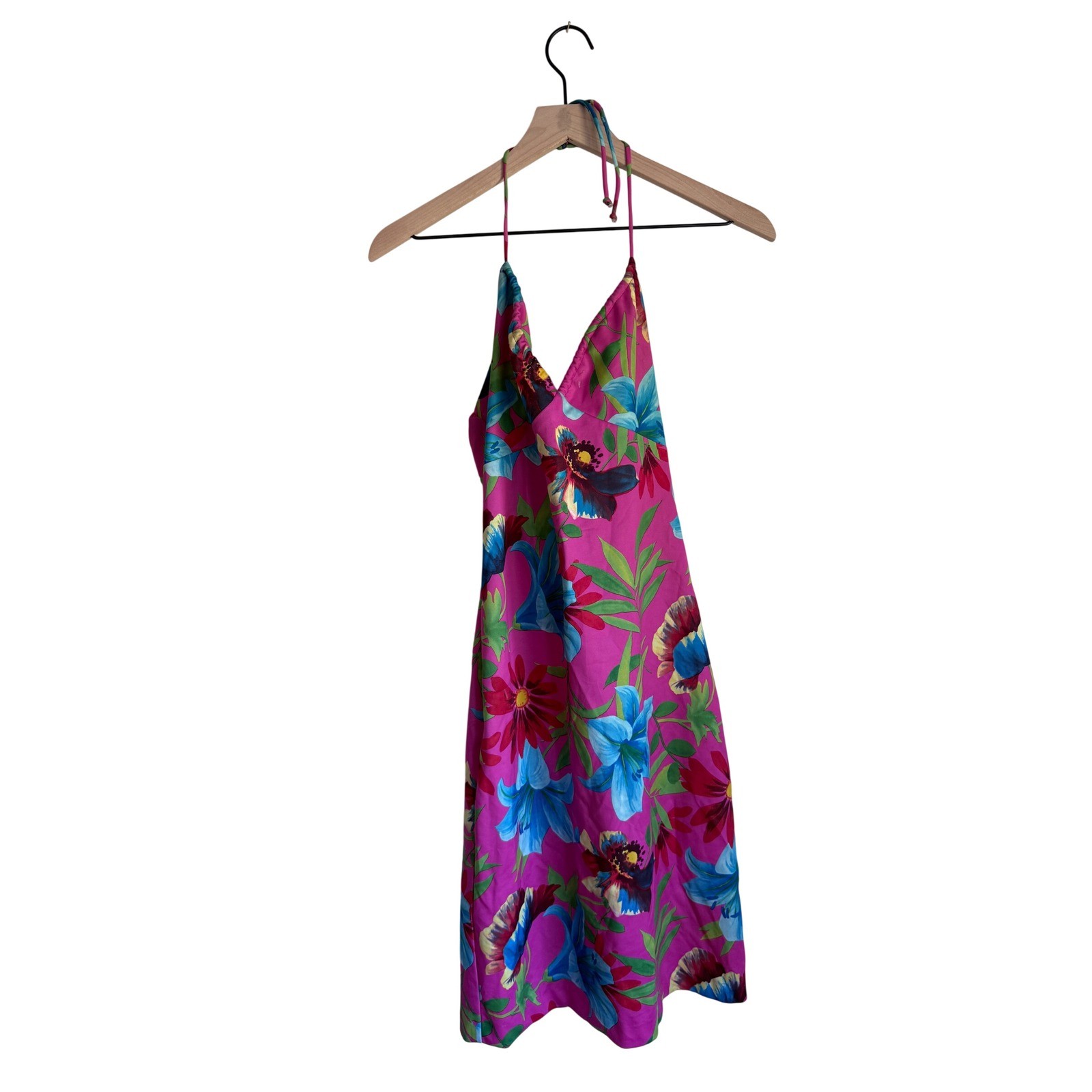 Vintage Alyn Paige Tropical Floral Halter Dress Pink Open Back Made USA S