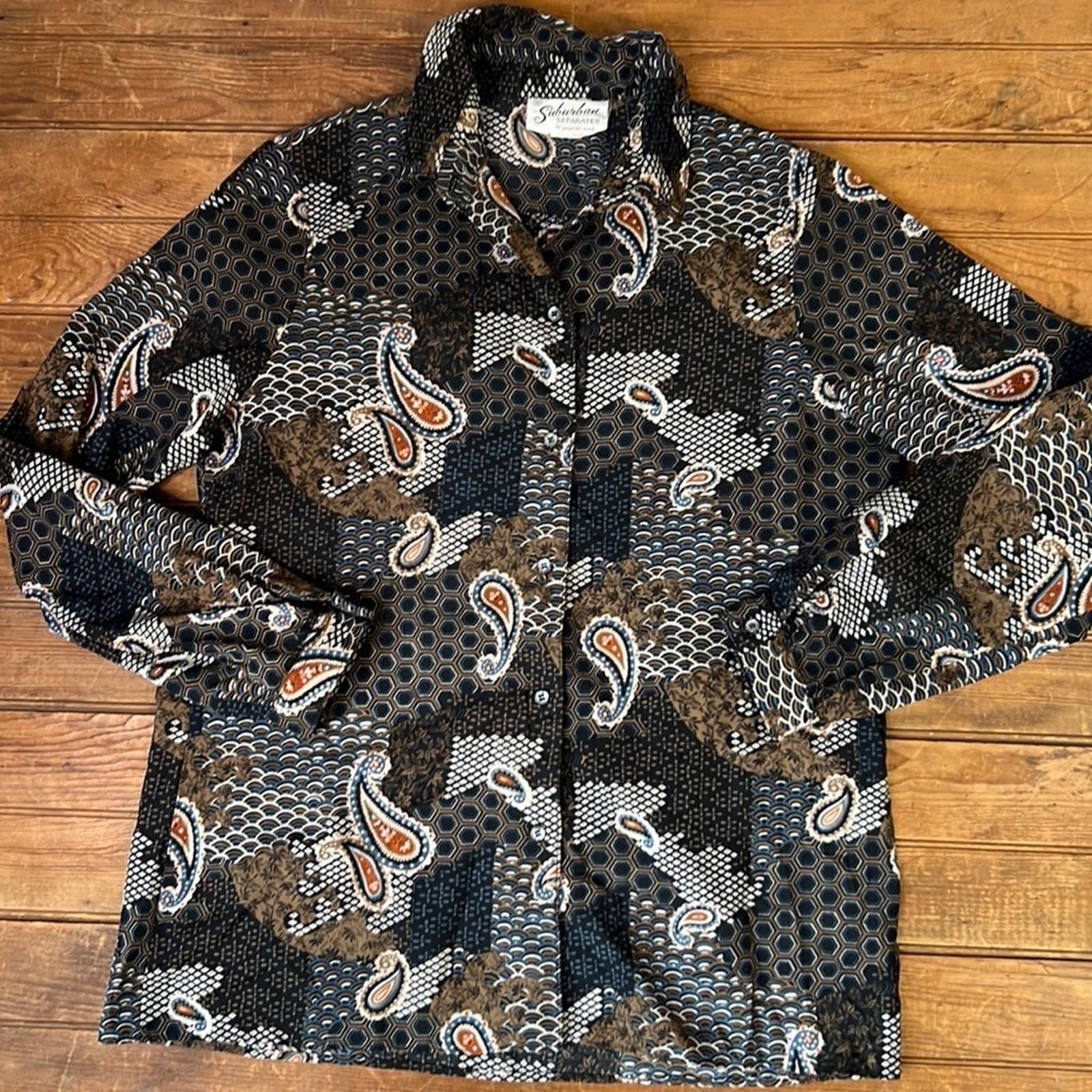 Women’s vintage classic 70’s blouse black and brown Paisley polyester size 12