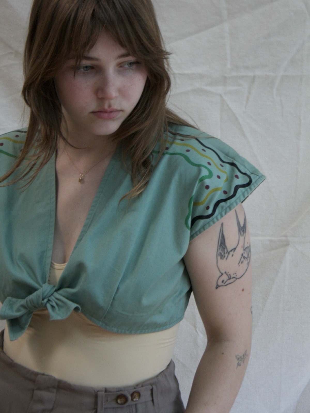 Vintage 1940s Playsuit Top Tie Front Cropped Sage Strong Shoulder Stenciled
