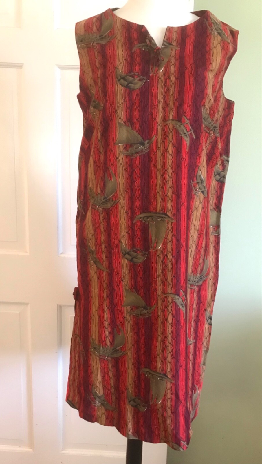 Vtg 60s Hookano Hawaiian shift dress tiki luau Hawaii side pleats bows s-m