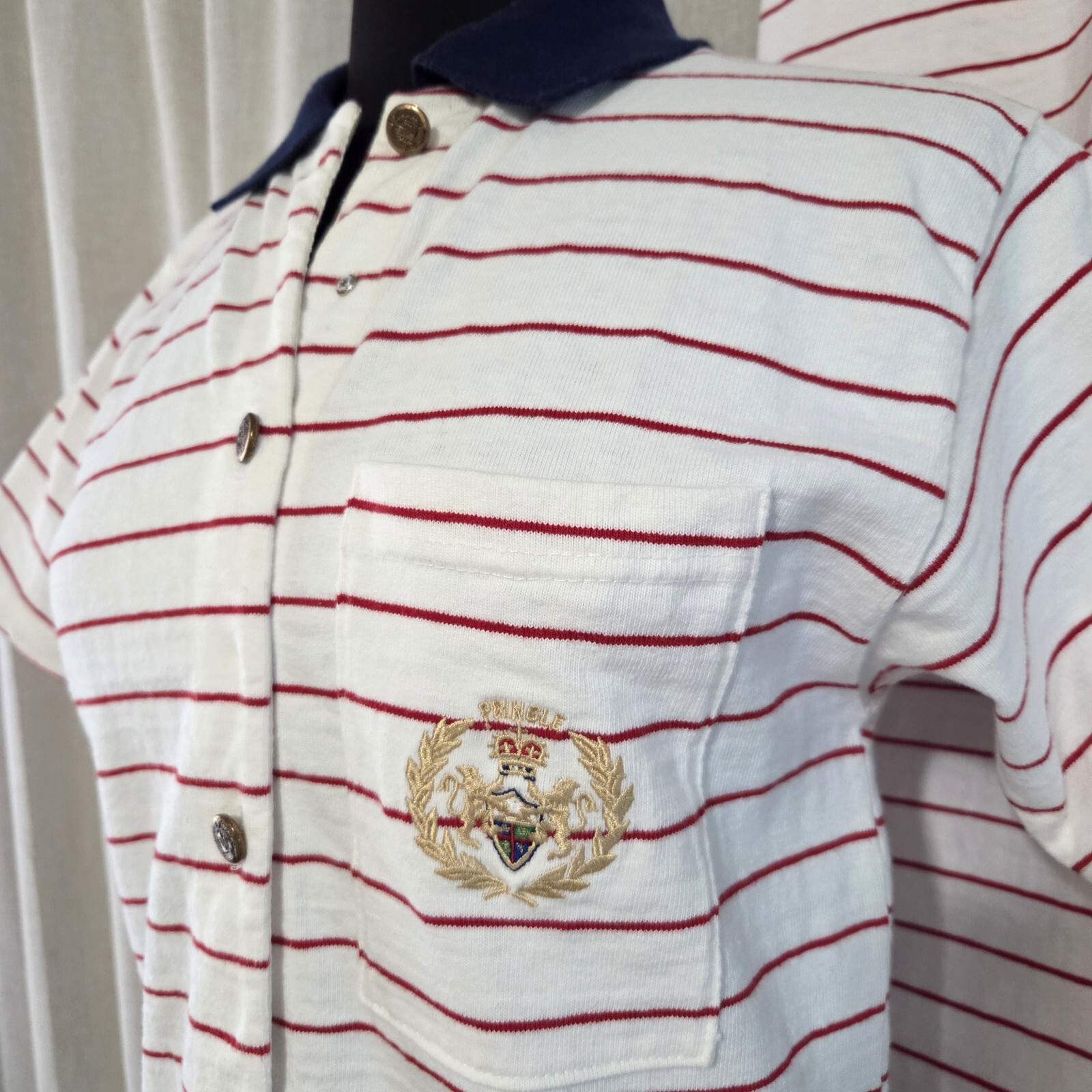 Vtg Pringle Of Scotland SET S M Top Skirt Heavy Cotton White Red Stripe Crest