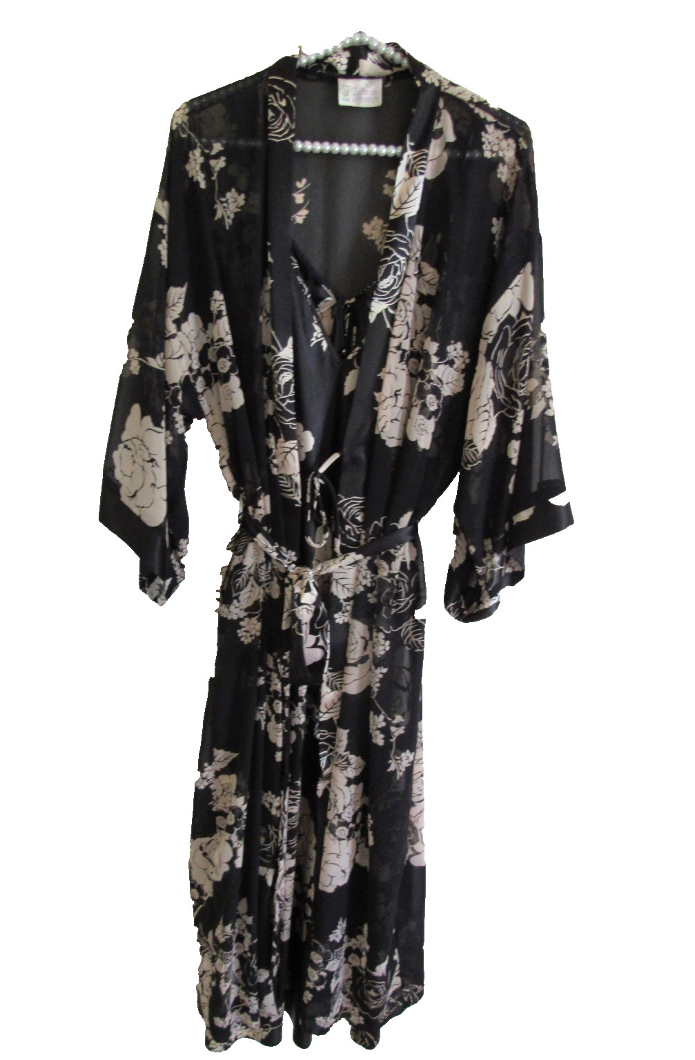VTG California Dynasty Size Large 2 Piece Nightgown & Robe Black & Cream Floral