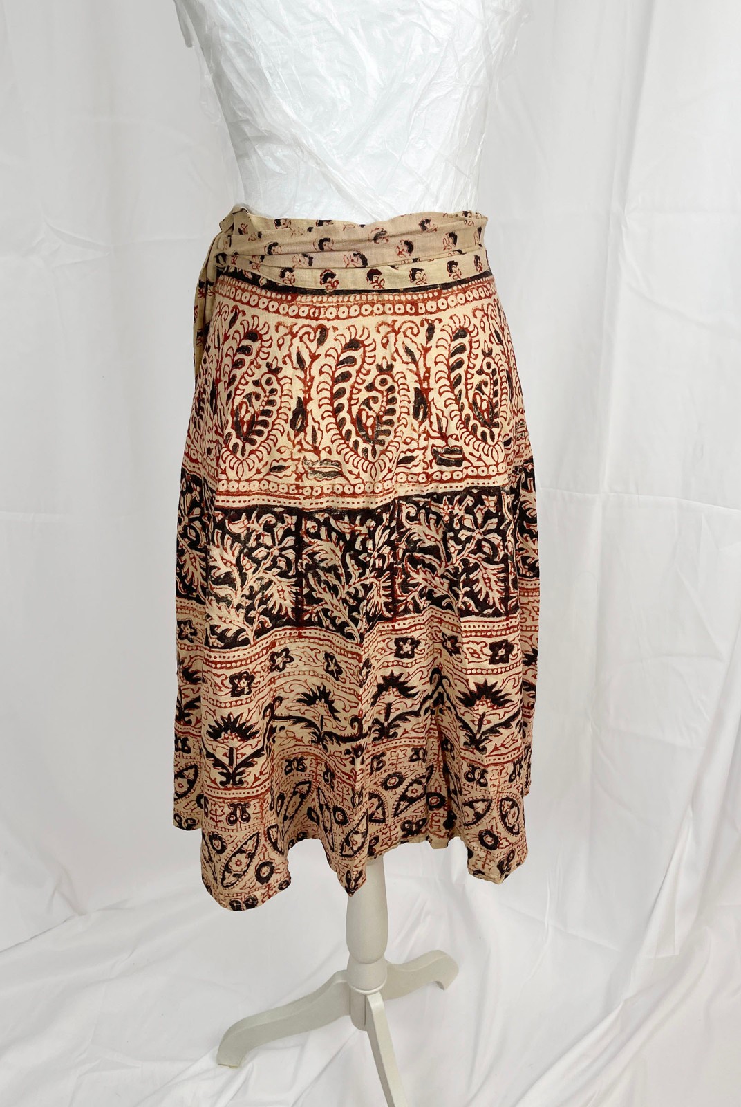 Vintage 70s India Cotton Block Print Wrap Skirt Boho Floral Paisley 35″ Waist