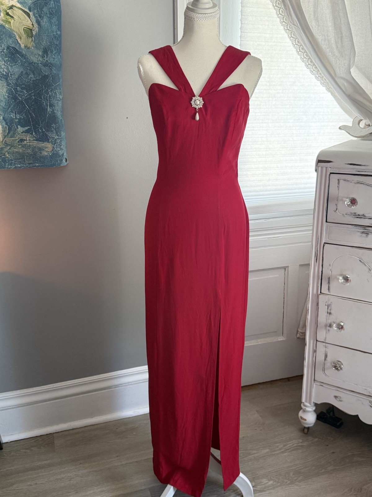90s Vintage LA Glo Dress Gown Prom Party Cocktail Black Pencil Cutout Collar 7/8