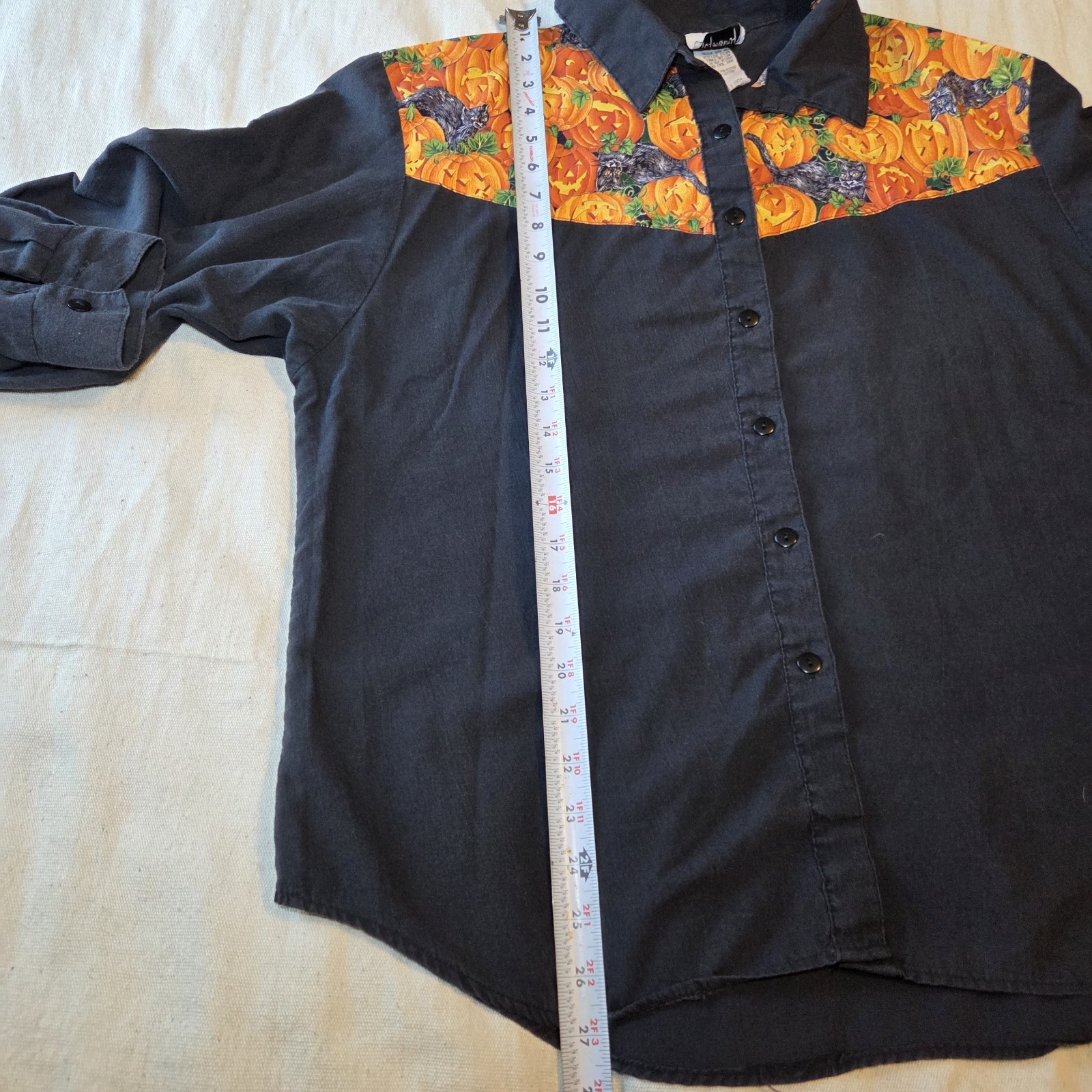 Vintage Black Cat Button Down Size Large Pumpkins Halloween Fall Whimsigoth Goth