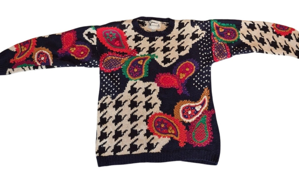 VTG 80s Knitting Needles Houndstooth Paisley Intarsia Sweater S/M Ramie Cotton