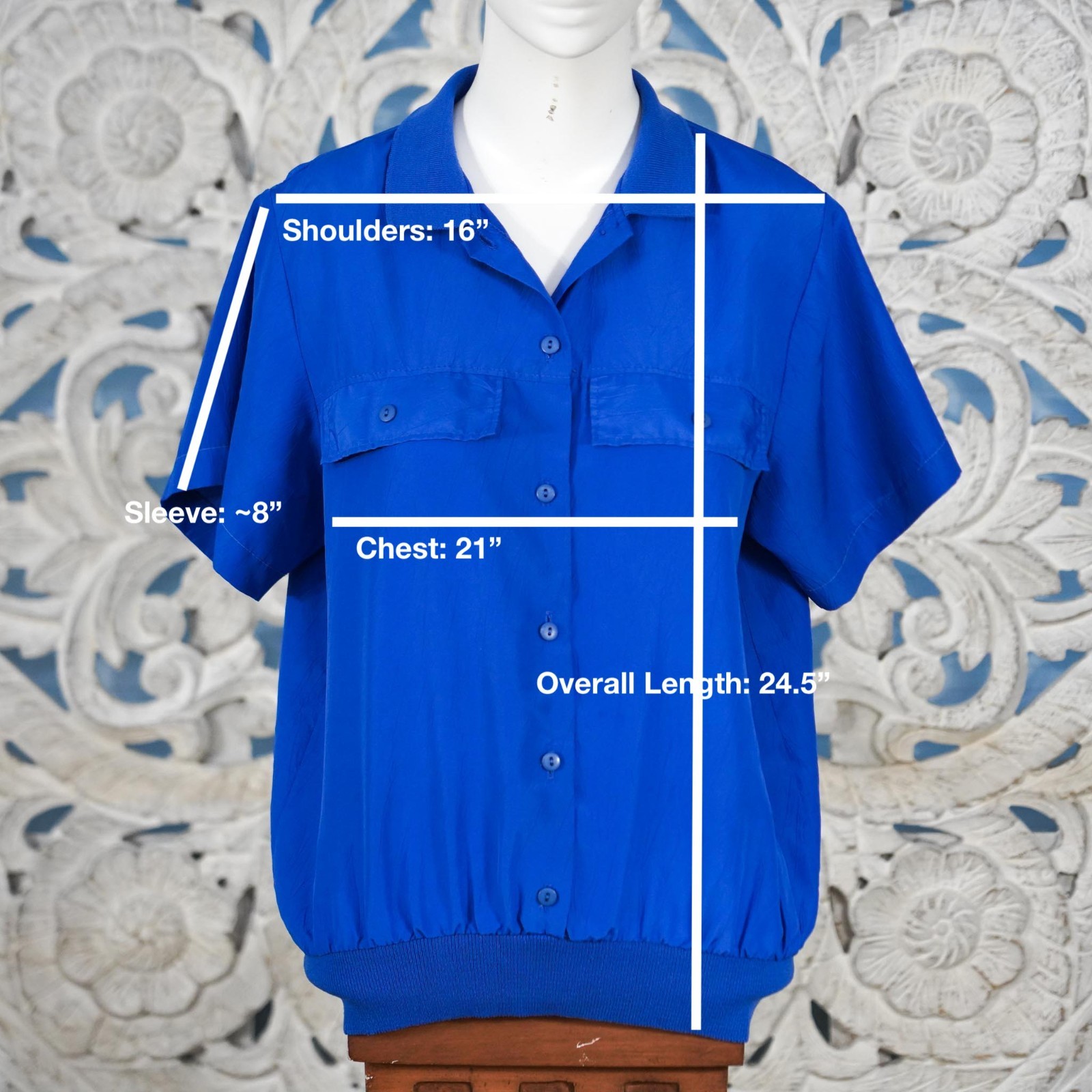 Vintage Rhoda Lee Crinkle Blouson Shirt M Blue USA Made Ribbed Hem Track Style