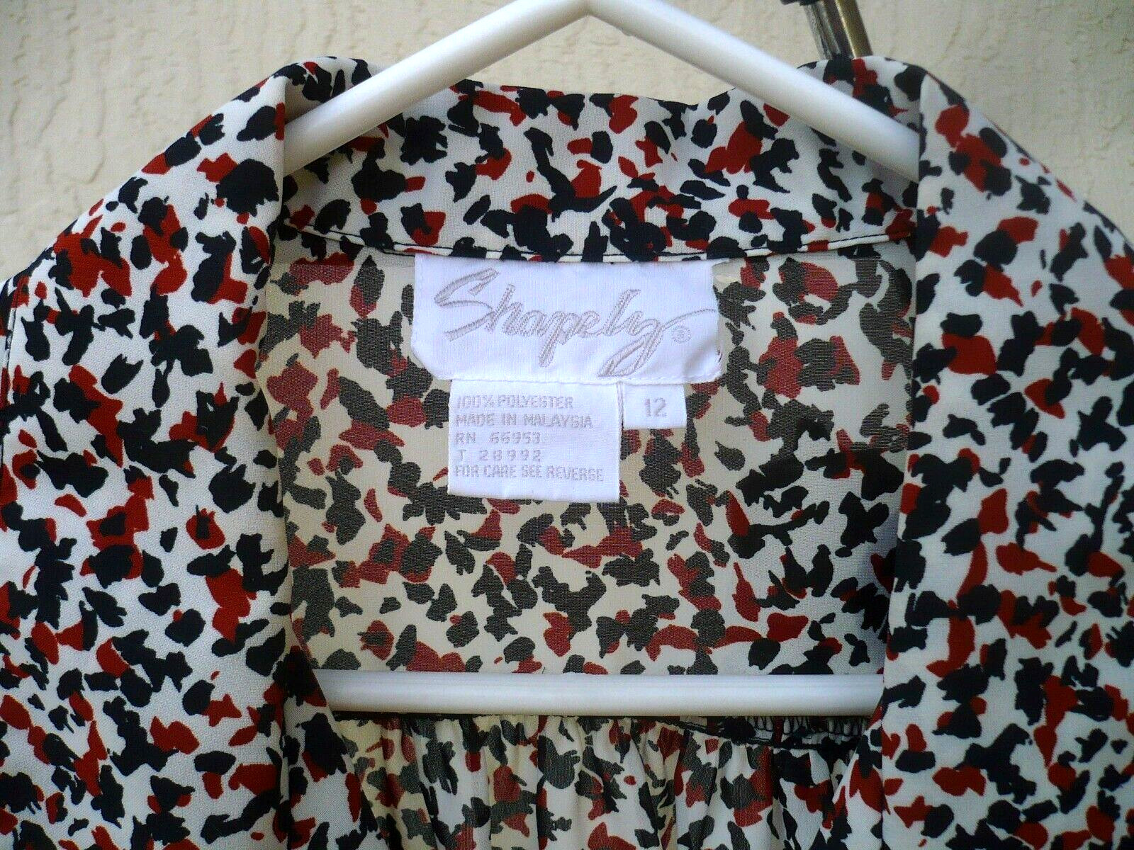 VTG 80S SHAPELY L 12 GEOMETRIC CONFETTI BROWN BLACK WHITE SILKY SHIRT CAP BLOUSE