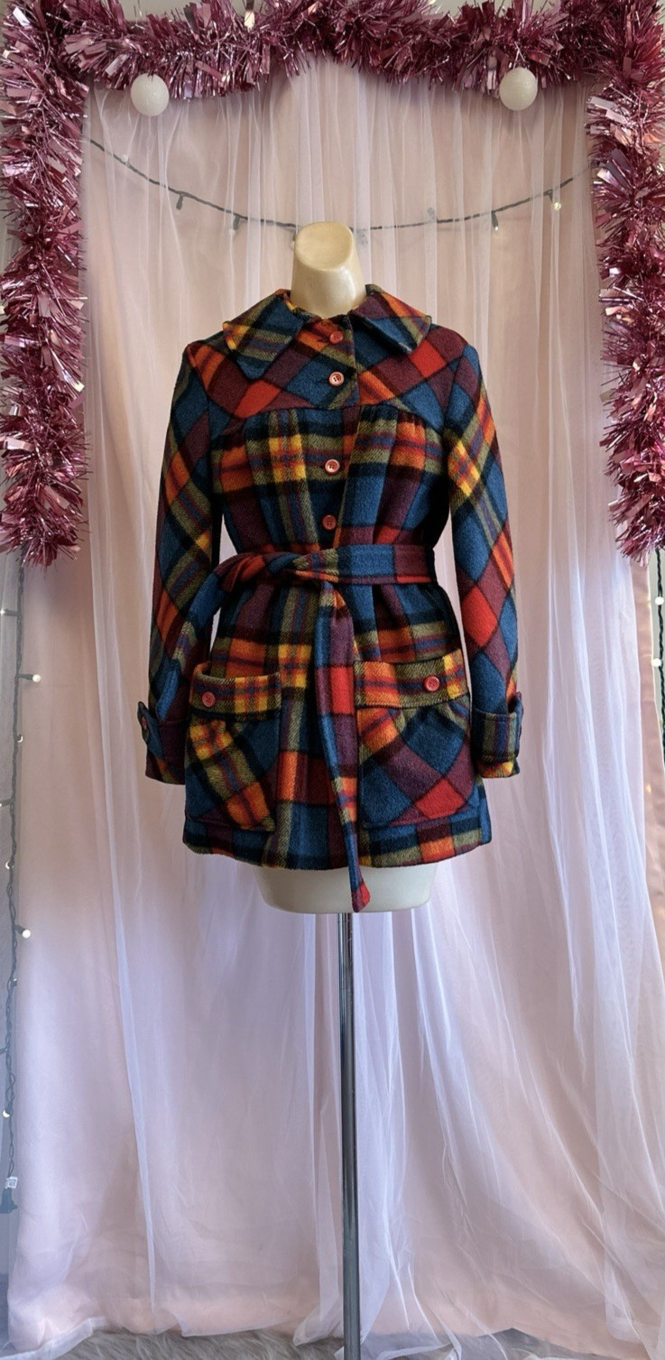 Vintage 60s 70s Rainbow Plaid Wool Coat Jacket Mod Retro Swingles XS/S