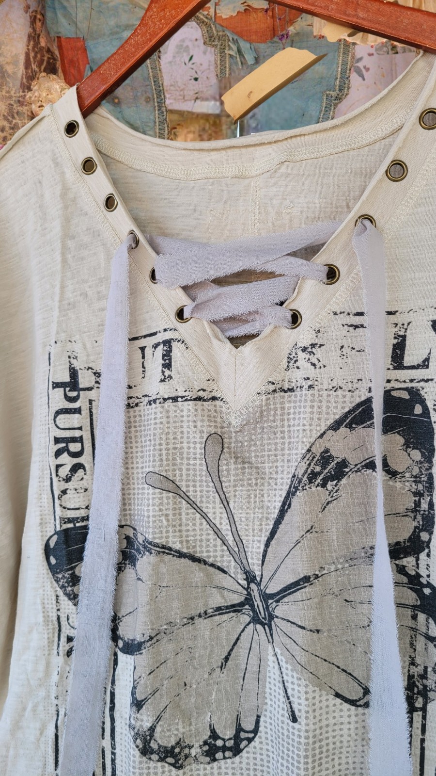 Free People Magnolia Style Cream Cotton hippie boho t-shirt top blouse shirt L
