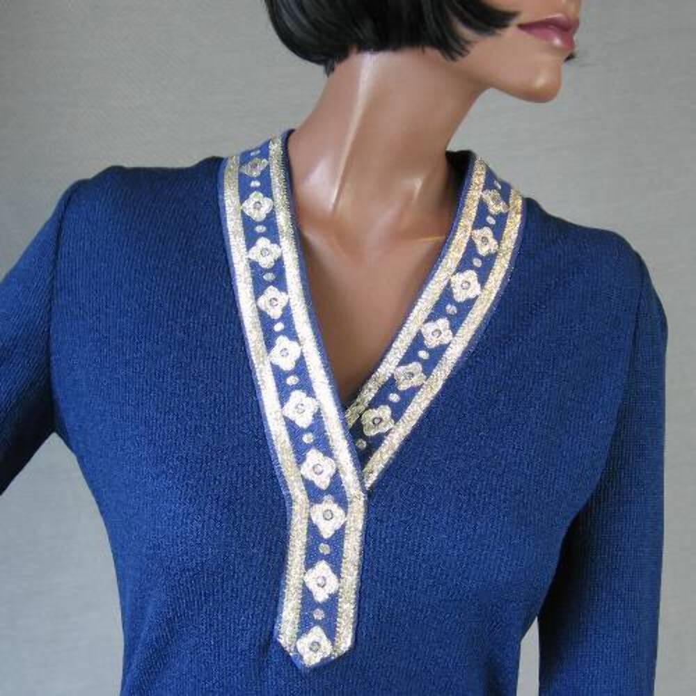 60 Tina Leser Top Vintage Bohemian Knit 70s Shirt Silver Accents Small Boho