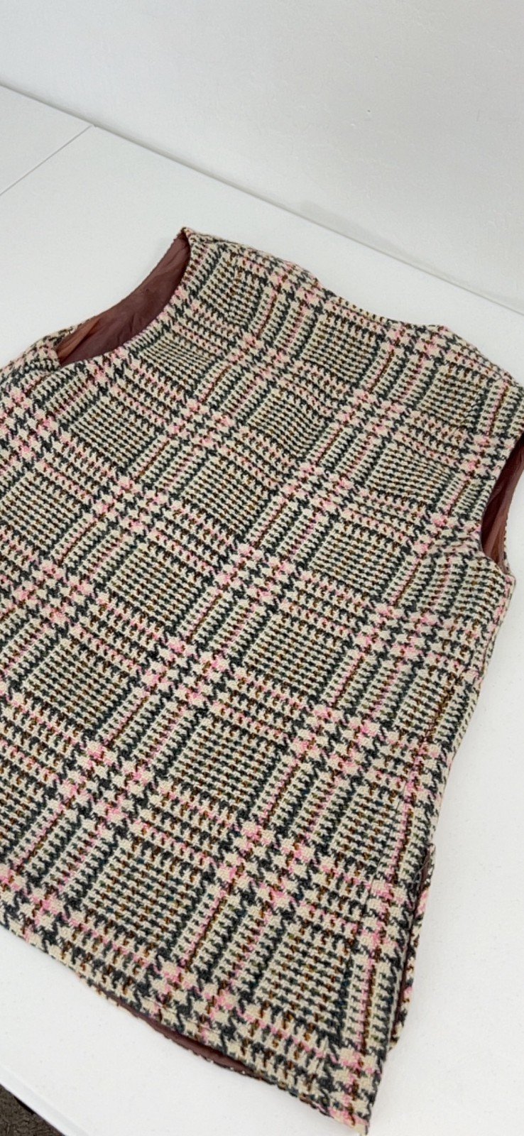 RUSS vtg wool houndstooth vest 12 preppy equestrian academia pink gray beige