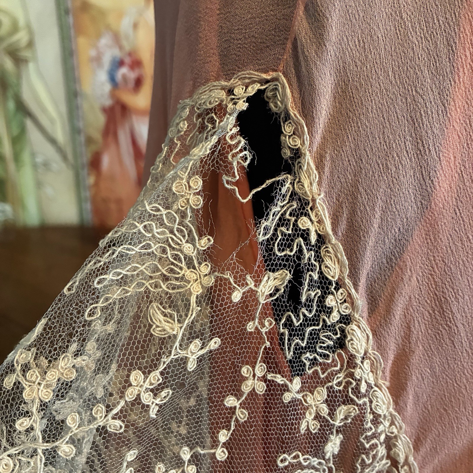 Antique 1920S Pink Silk Chiffon Kafton Brussels Tambour Cabbage Roses Lace