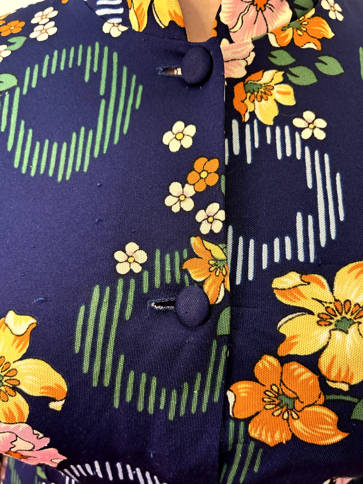 Vintage 1980s Stand Collar Shirt Waist Dress Blue Floral Polyester Buttons AU 14