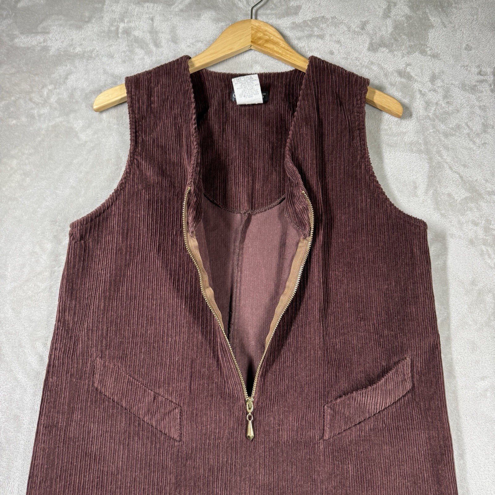 Vintage 90s Y2K Counterparts Corduroy Zip Mini Dress Jumper Brown Size 12