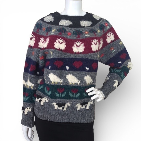 Vintage Deans of Scotland Shetland Wool Sweater Sheep Cows Hearts Floral Animals